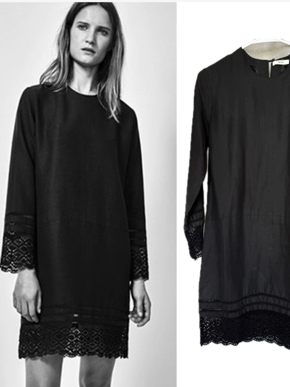 Matin Silk Linen Black Crewneck Long Sleeve Mini Dress AU 8 US S (4)